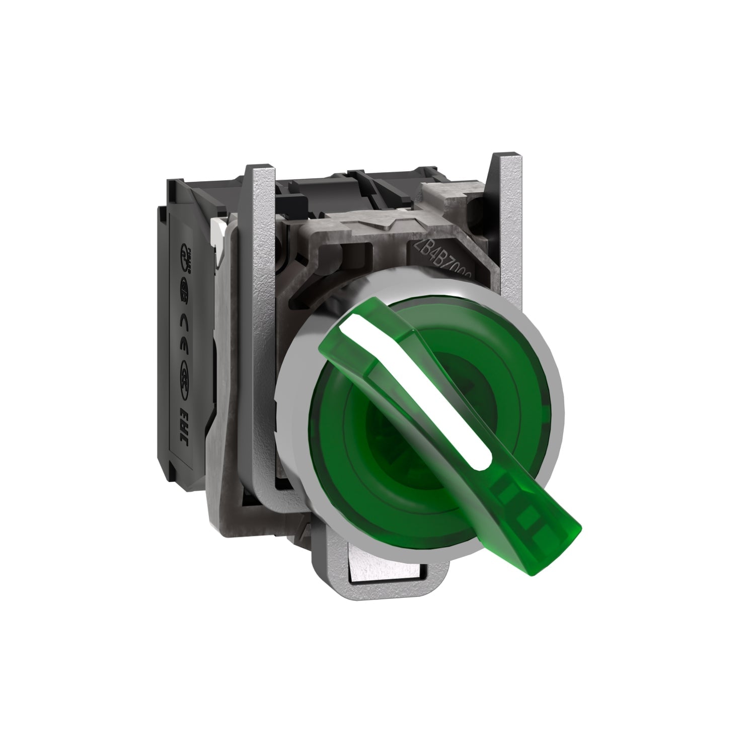 XB4BK123M5-Selector-luminoso,-metalico,-2-posiciones,-Ø-22mm,-verde,-230..240V-CA,-1NO-+-1NC