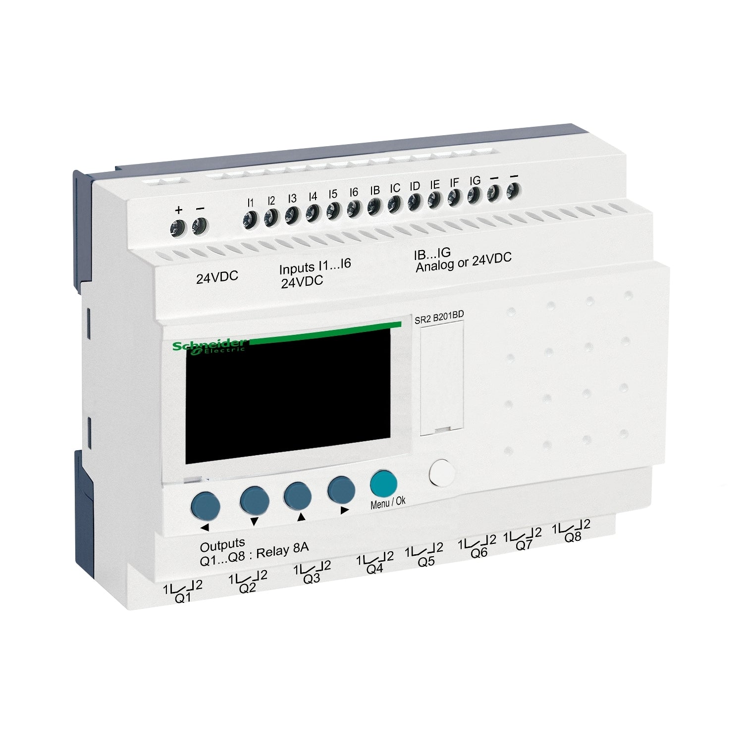 SR2B201BD-Relé-inteligente-compacto,-Zelio-Logic,-20-I/O,-24-V-DC,-clock,-display