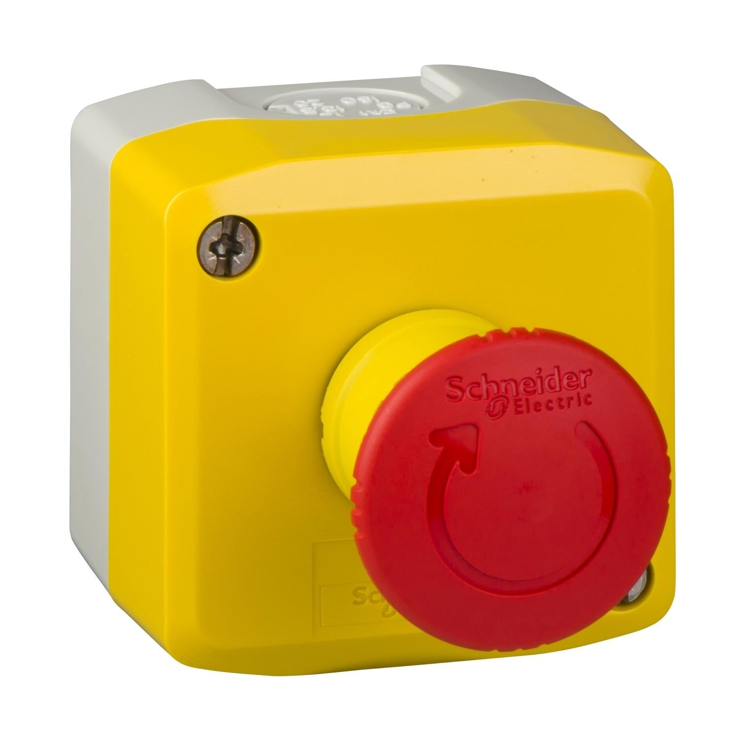 XALK178-Caja-amarilla-paro-de-emergencia,-1-pulsador-con-cabeza-redonda-40mm,-girar-para-liberar,-1NC