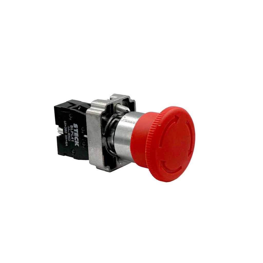 SLMFN1R401-PULSADOR-TIPO-HONGO-C/RETENCION-40MM,-BASE-22MM-ROJO-METALICO-+-1NC
