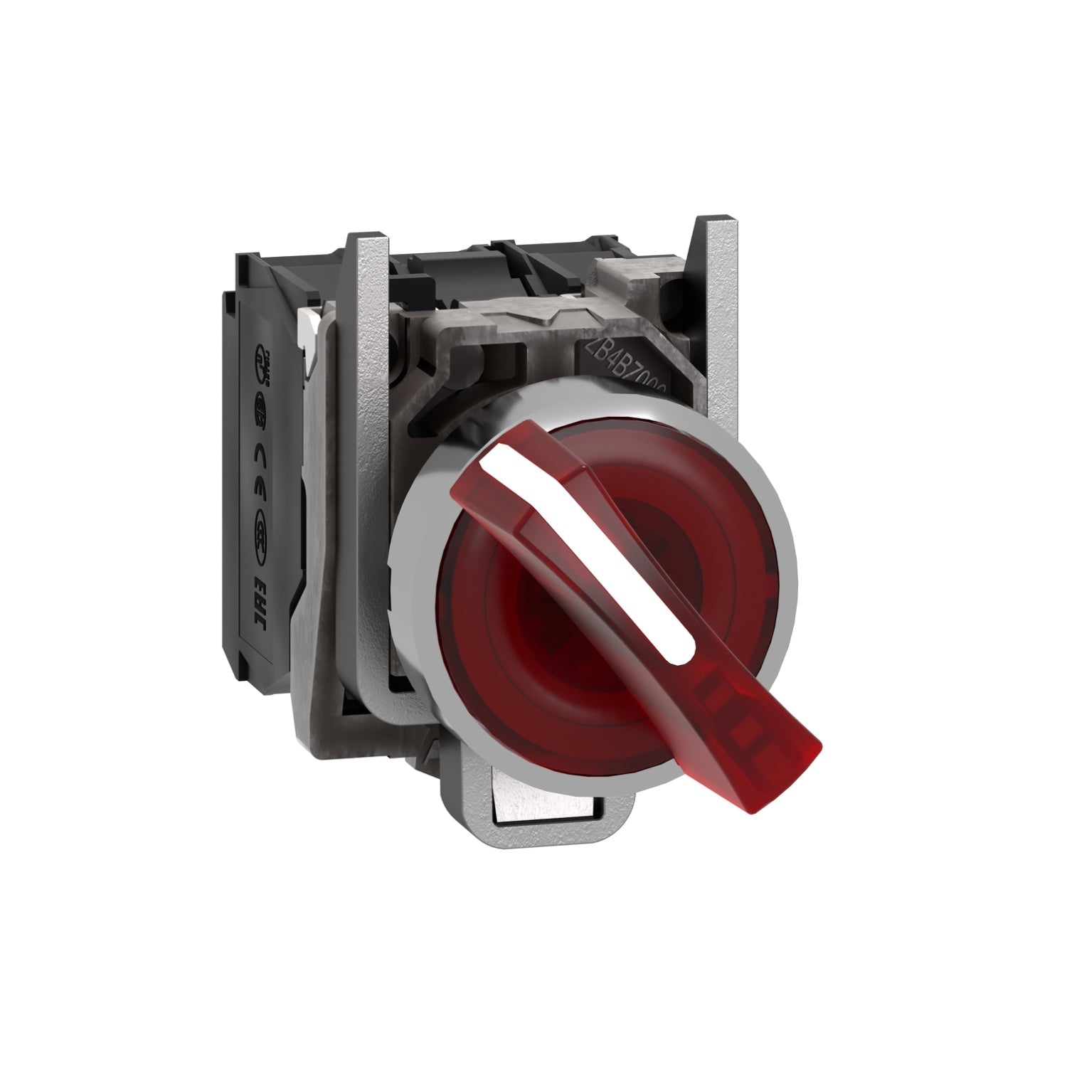 XB4BK124M5-Selector-luminoso-XB4,-22mm,-metálico,rojo,-2-posiciones,-fijo,-230...240-V-AC,-1-NO-+-1-NC