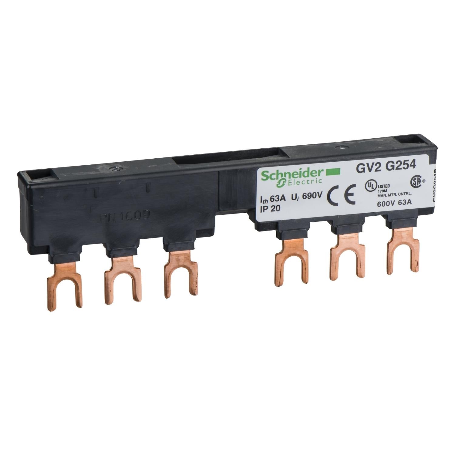 GV2G254-Barra-de-Distribución-3-Polos-63-A-2-derivaciones-paso-54-mm