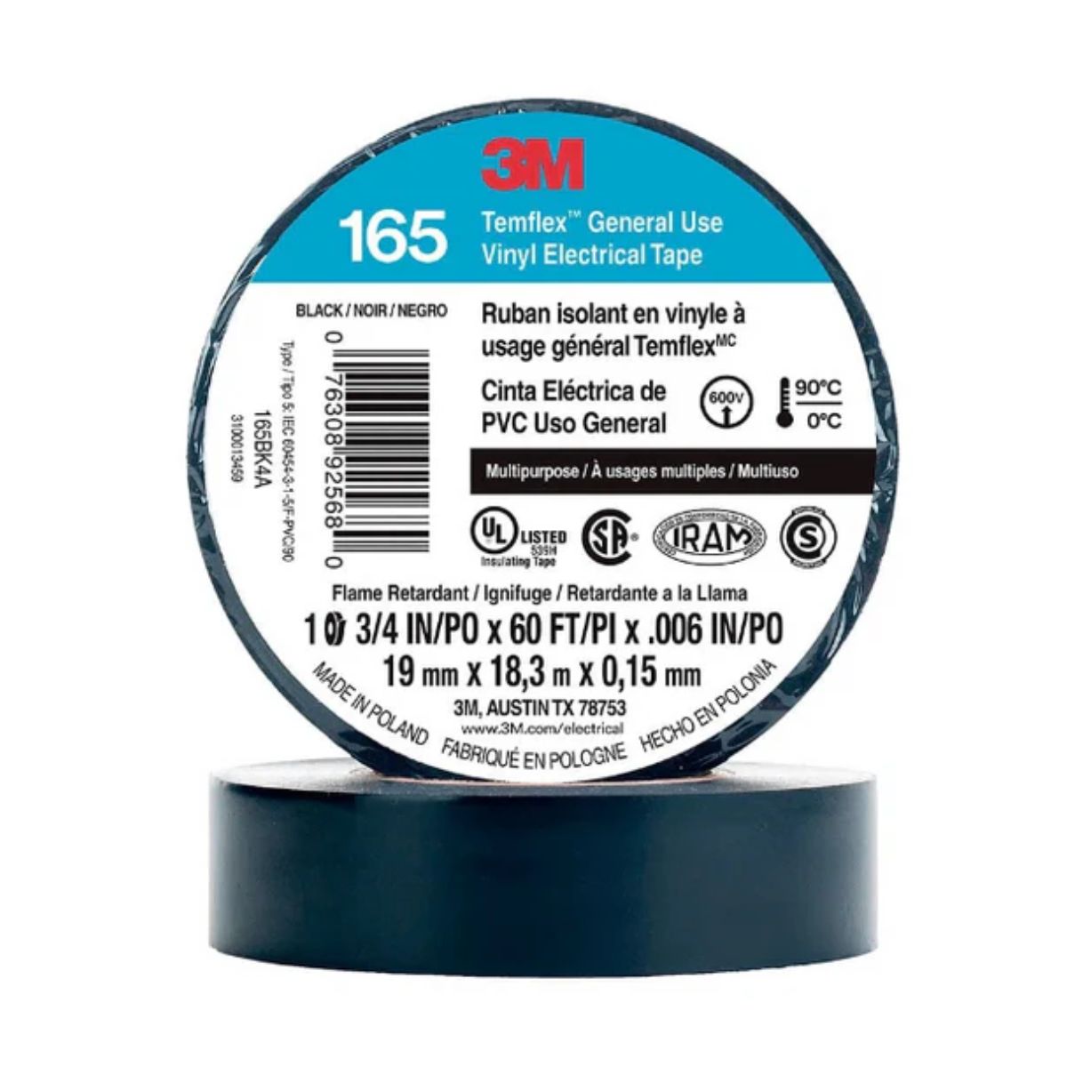 CINTA AISLANTE TEMFLEX 165 VINILO 3/4"X 18MTS NEGRO