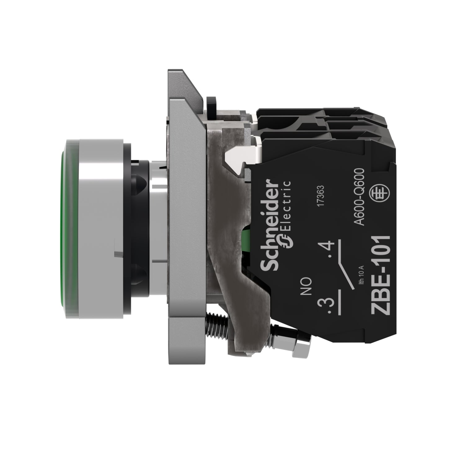 XB4BW33M5 Pulsador luminoso, metalico, Ø 22mm, verde, retorno por resorte, 230..240V CA, 1NA + 1NC Schneider